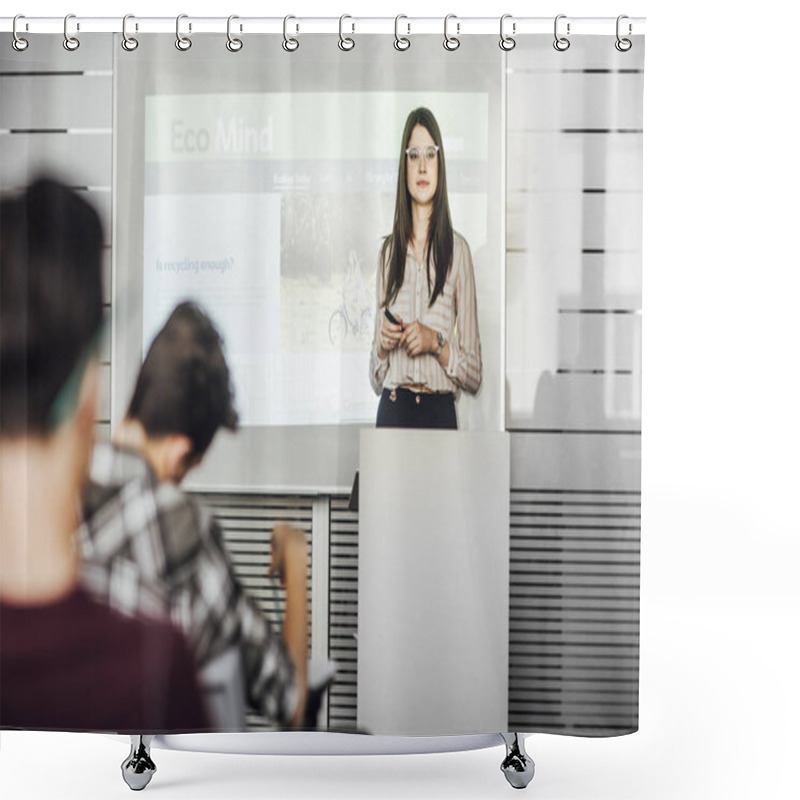 Personality  Woman Teacher Making Presentation Shower Curtains