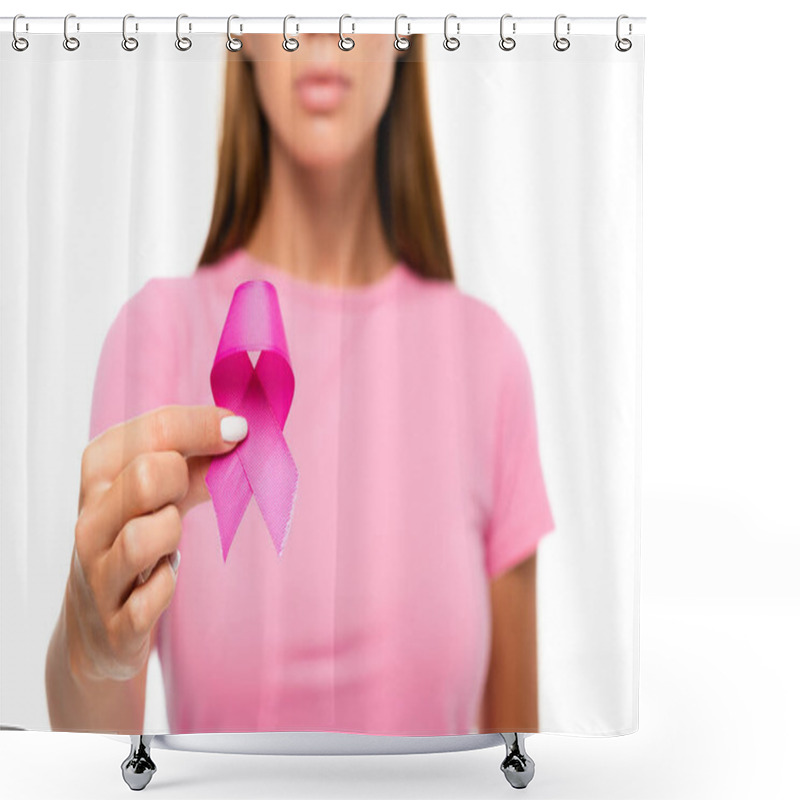 Personality  Cropped View Of Pink Ribbon Of Breast Cancer Awareness In Hand Of Woman On Blurred Background Isolated On White Shower Curtains