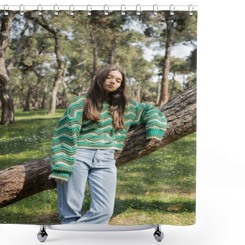 Personality  Brunette Woman In Knitted Sweater And Jeans Looking At Camera Near Tree In Park  Shower Curtains