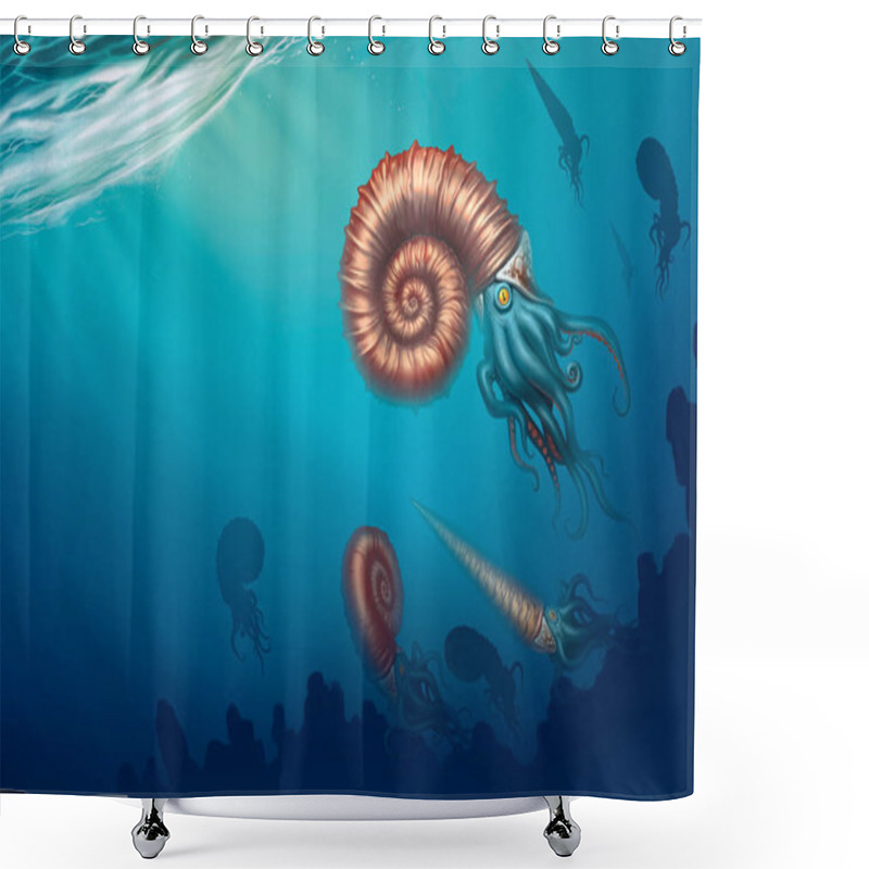 Personality  Giant Ammonite And Cameroceras On A White Background. Giant Ancient Mollusks Of The Cretaceous Period. Realistic Illustration Of Underwater Fossil Shellfish Over Water. Shower Curtains