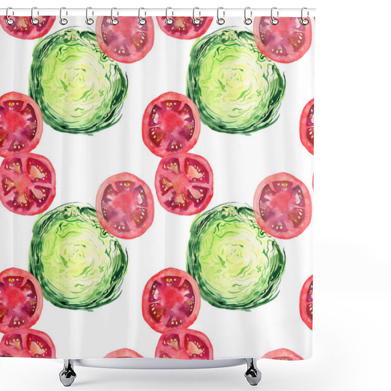 Personality  Bright Ripe Tasty Delicious Beautiful Agriculture Summer Salad Green Cabbage And Red Tomatoes Chopped And Sliced Pattern Watercolor Hand Illustration. Perfect For Menu, Textile, Greetings Cards Shower Curtains