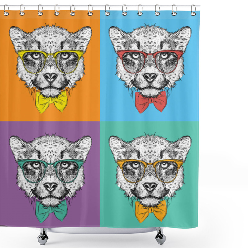 Personality  Image Portrait Cheetah In The Cravat And With Glasses. Pop Art Style Vector Illustration. Shower Curtains