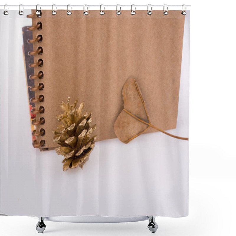 Personality  Heart Shaped Leaf,  Pine Cone And A Notebook On  Shower Curtains