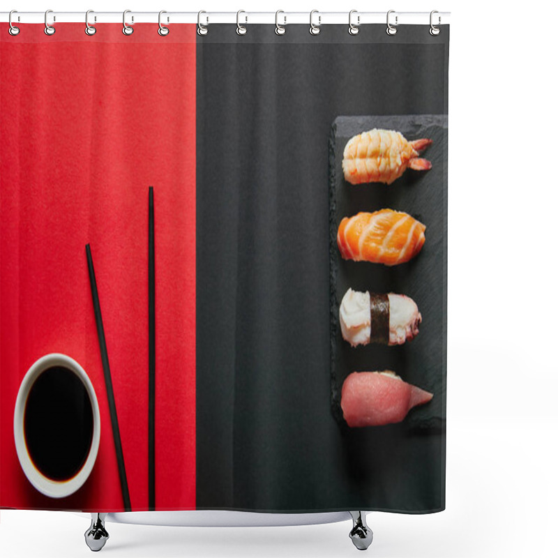 Personality  Flat Lay With Soya Sauce In Bowl, Chopsticks And Nigiri Sushi Set On Black Slate Plate On Red And Black Background Shower Curtains