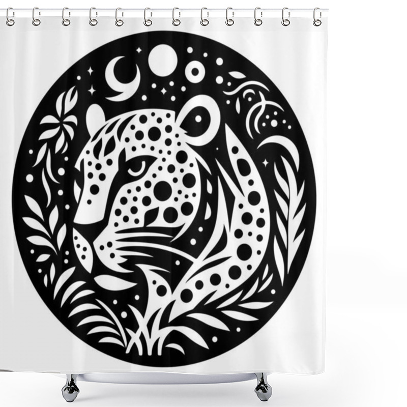 Personality  Experience The Mystique Of The Wild With This Celestial Leopard Silhouette Design, Combining Intricate Tribal Patterns, Moon Phases, Stars, And Botanical Elements. This Versatile Artwork Is Ideal For T Shirt Prints, Wall Art, Tattoo Designs, And More Shower Curtains