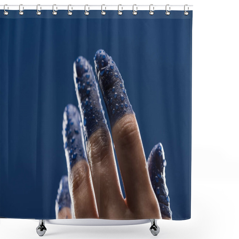 Personality  Close Up View Of Female Hand With Wet Painted Fingers Isolated On Blue Shower Curtains