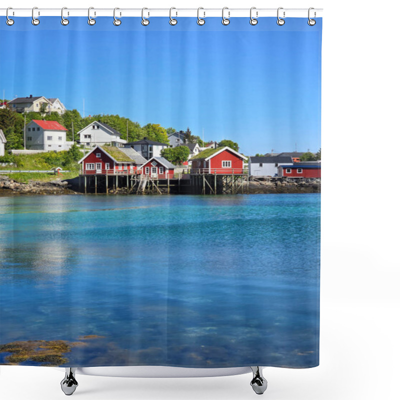 Personality  Colorful Cabins Rest On Stilts Above Clear Waters, While Lush Greenery And A Clear Blue Sky Create A Serene Coastal Atmosphere. Lofoten Norway  Shower Curtains