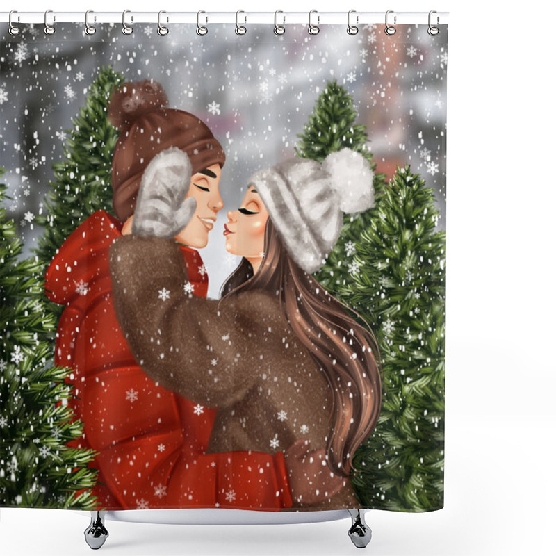 Personality  Boy And Girl On Christmas Tree Market. Hand Drawn Winter Illustration Shower Curtains