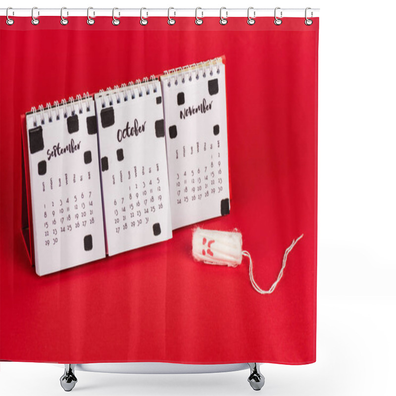 Personality  Calendar And Hygienic Tampon With Sad Face Expression On Red Background Shower Curtains