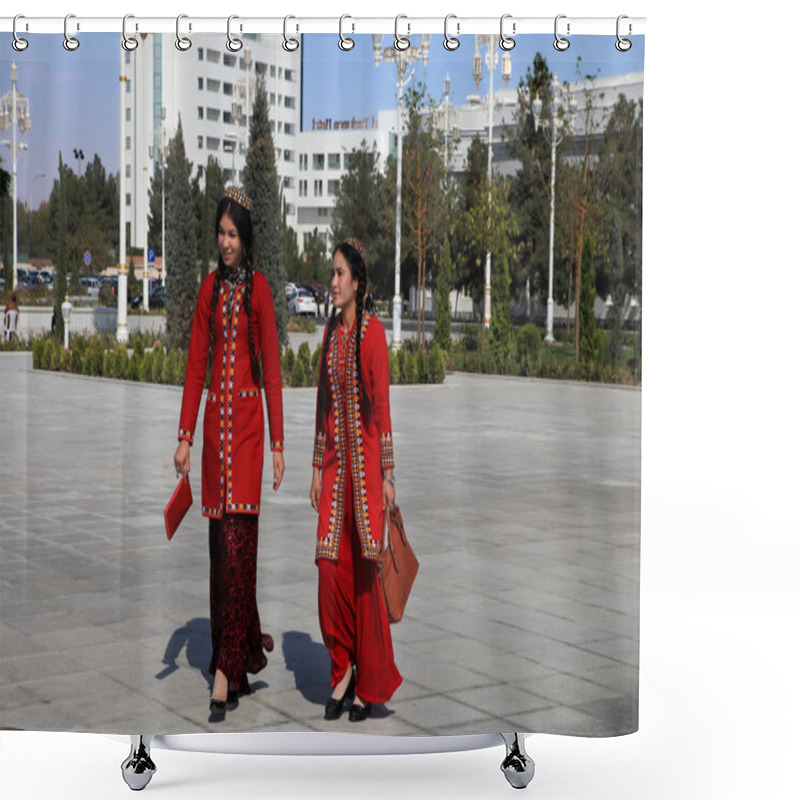 Personality  Ashgabad, Turkmenistan - October 10, 2014. Two Young Girls In Na Shower Curtains