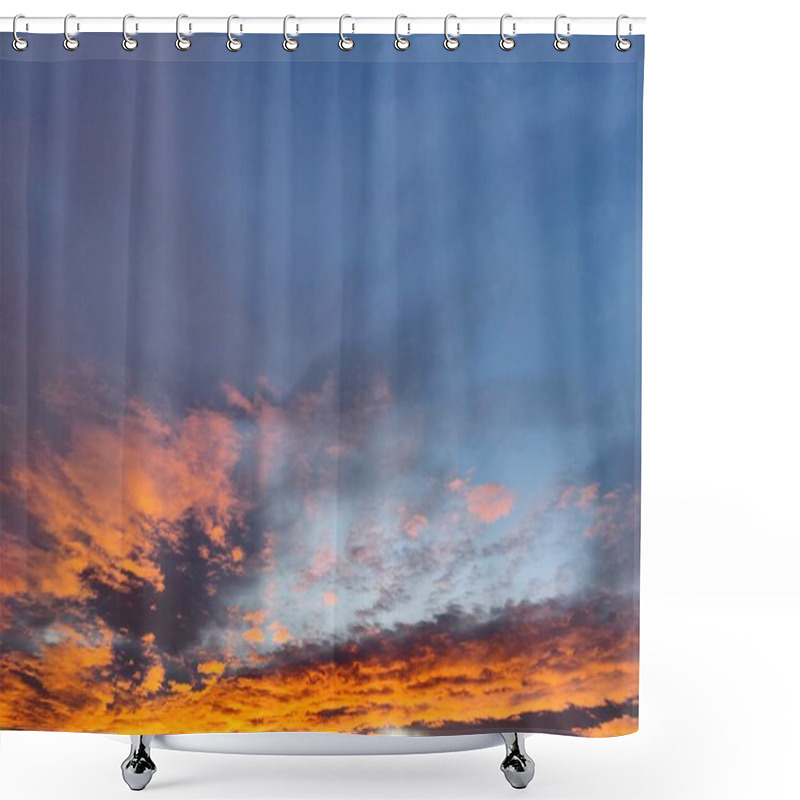 Personality  Fiery Sunset Of Hope: The Dramatic Blend Of Orange Flames And Calm Blue Sky, Symbolizing Balance Between Chaos And Serenity Shower Curtains