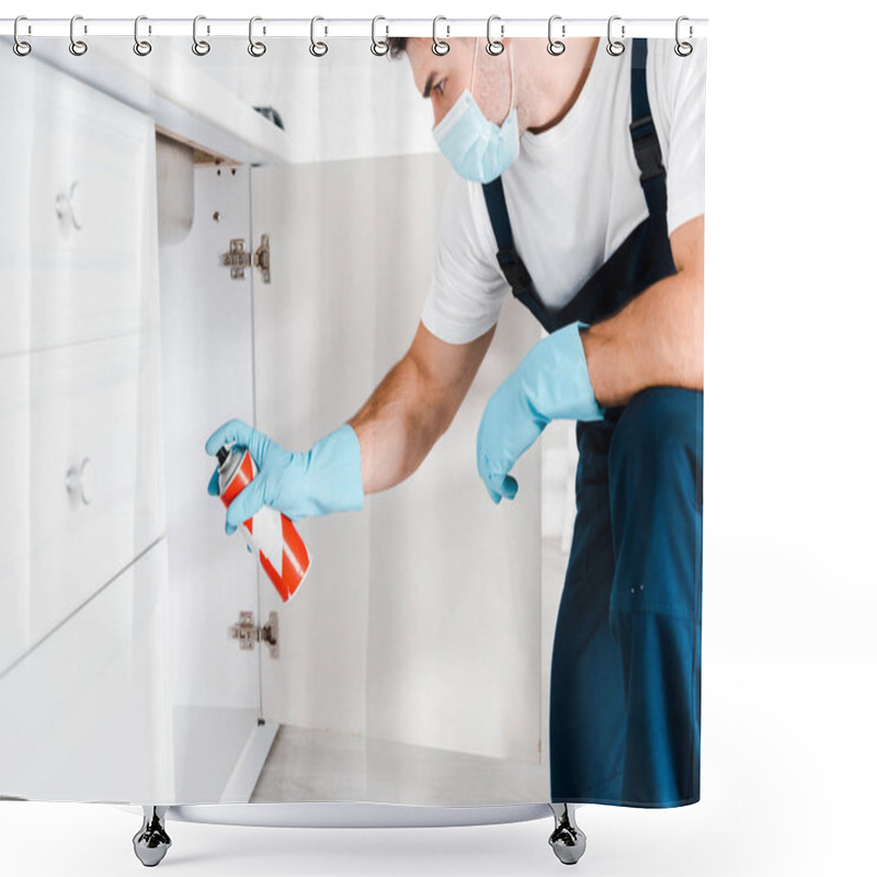 Personality  Exterminator In Protective Mask Holding Spray Can Near Kitchen Cabinet  Shower Curtains