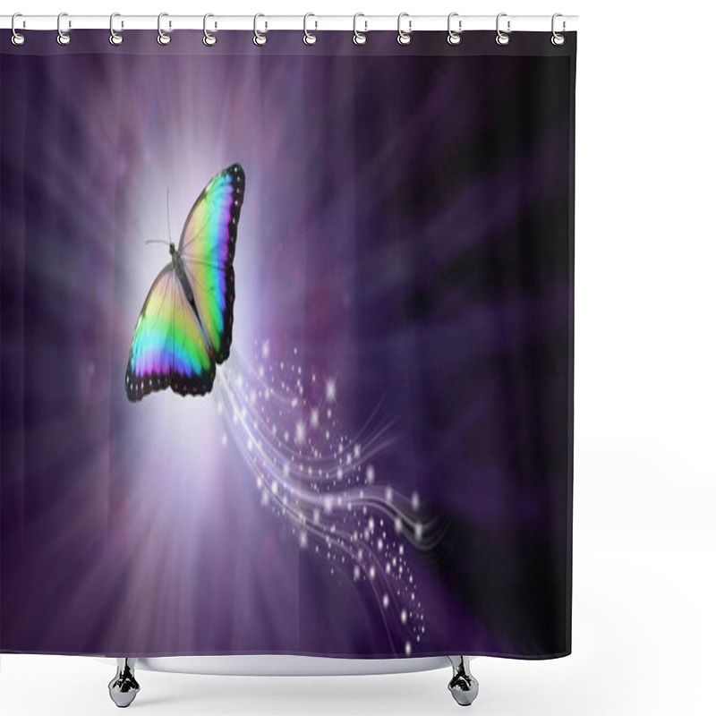 Personality  Multicoloured Butterfly Taking Flight Into The Light - A Large Butterfly Rising Up With A Trail Of Sparkles Against A Purple Radiating Background Into The Light With Copy Space                                Shower Curtains