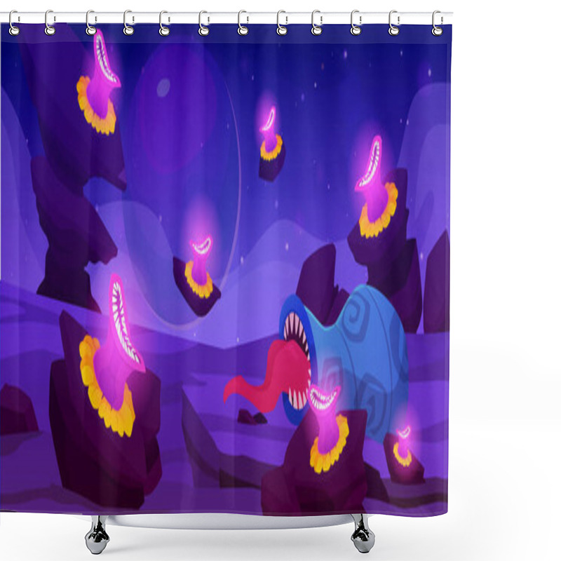 Personality  Fantasy Space Planet Landscape With Monster Plant With Trap. Cartoon Magic Dangerous Flowers Predator With Mouth, Teeth And Tongue Sticking Out. Alien Creature On Desert Surface With Rocks Flat Vector Shower Curtains