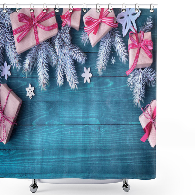 Personality  Festive Christmas Border With Decorative Gifts Tied With Red Bows Amongst Pine Branches And Snowflakes Rustic Green Wood Background With Copyspace Shower Curtains