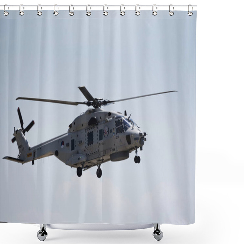 Personality  NHindustries NN90 NFH Multi Mission Maritime Helicopter In Flight. Somerset, England UK Shower Curtains