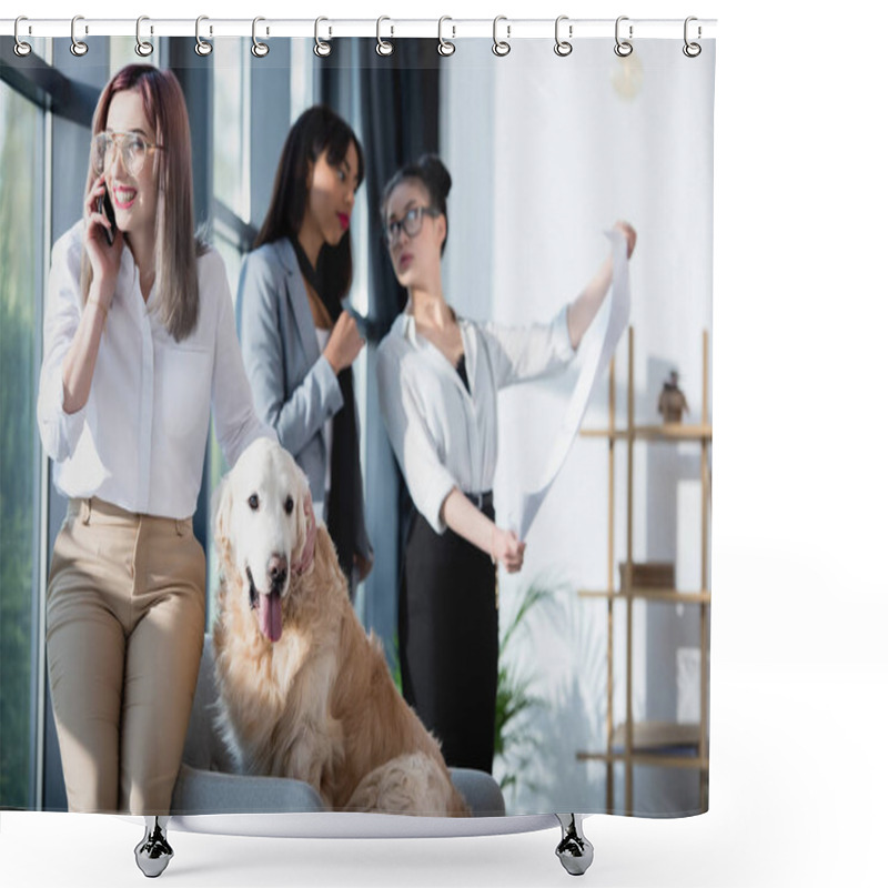 Personality  Businesswoman Talking On Smartphone While Petting Dog Shower Curtains