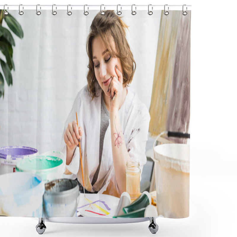 Personality  Young Artistic Girl Painting By Table In Light Studio Shower Curtains