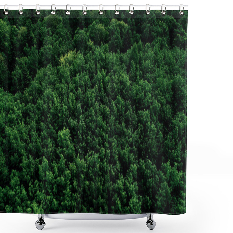 Personality  Green Treetops In A Dense Forest. Top View, Drone Flight. A Large Dense Deciduous Forest. Concept Of Protection Of Forests And Green Spaces. Combating Deforestation. Shower Curtains