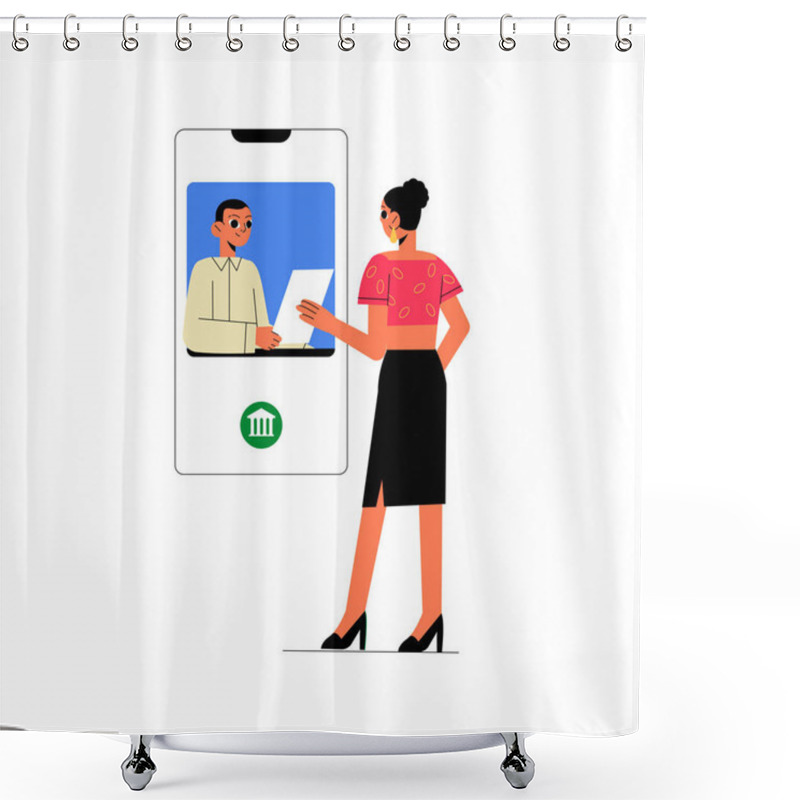 Personality  Female Bank Client Handing Document To Male Bank Consultant Displayed On A Mobile Screen, Representing Online Banking Services And Digital Transactions, Isolated On White Background. Shower Curtains