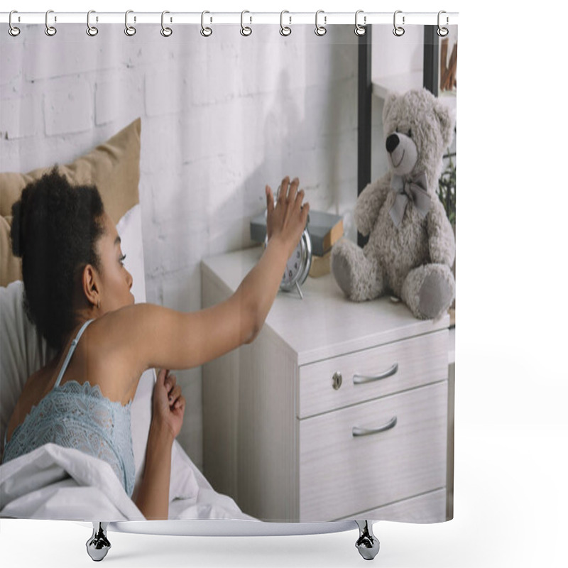 Personality  African American Girl Waking Up And Turning Off Alarm Clock In Bedroom Shower Curtains