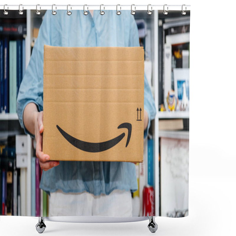 Personality  PARIS, FRANCE - JUL 4, 2018: Woman Receiving Amazon Prime Package Delivered Preparing To Do The Unboxing, Proud Amazon Prime Client With Library In Background Shower Curtains