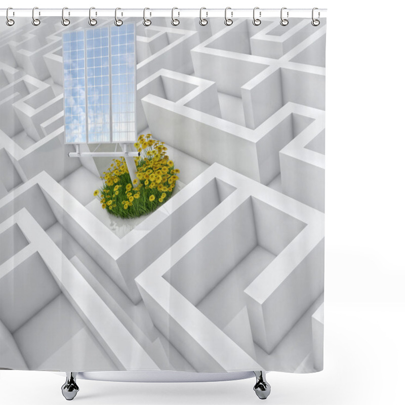 Personality  White Labyrinth, Problem Solved, Solar Panel With Grass And Flowers In Abstract Maze Shower Curtains