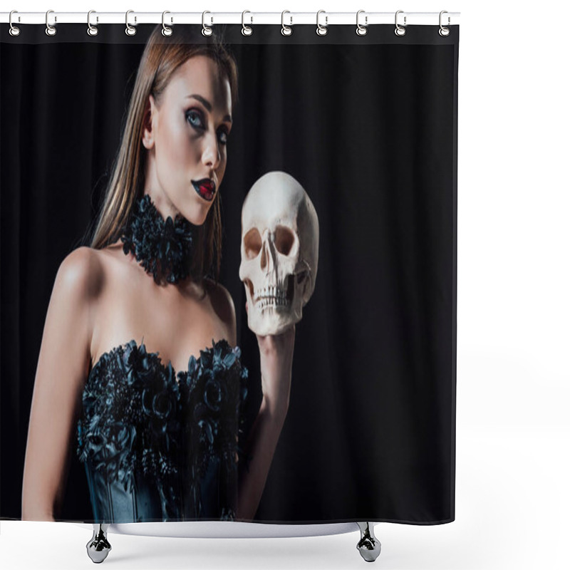 Personality  Scary Vampire Girl In Black Gothic Dress Holding Human Skull Isolated On Black Shower Curtains