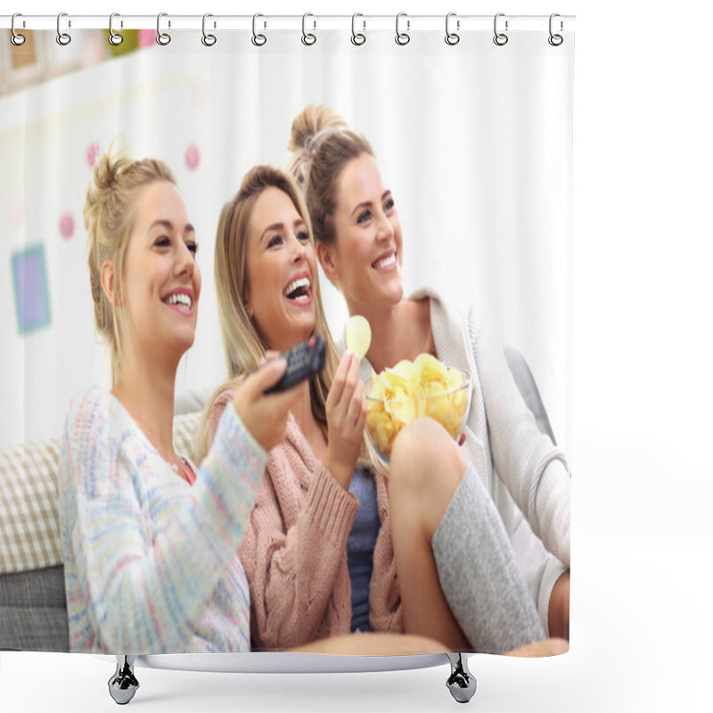 Personality  Three Beautiful Young Women Watching Tv At Home Shower Curtains