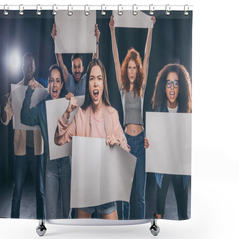 Personality  Young Emotional Multicultural People Screaming While Holding Blank Placards On Black  Shower Curtains