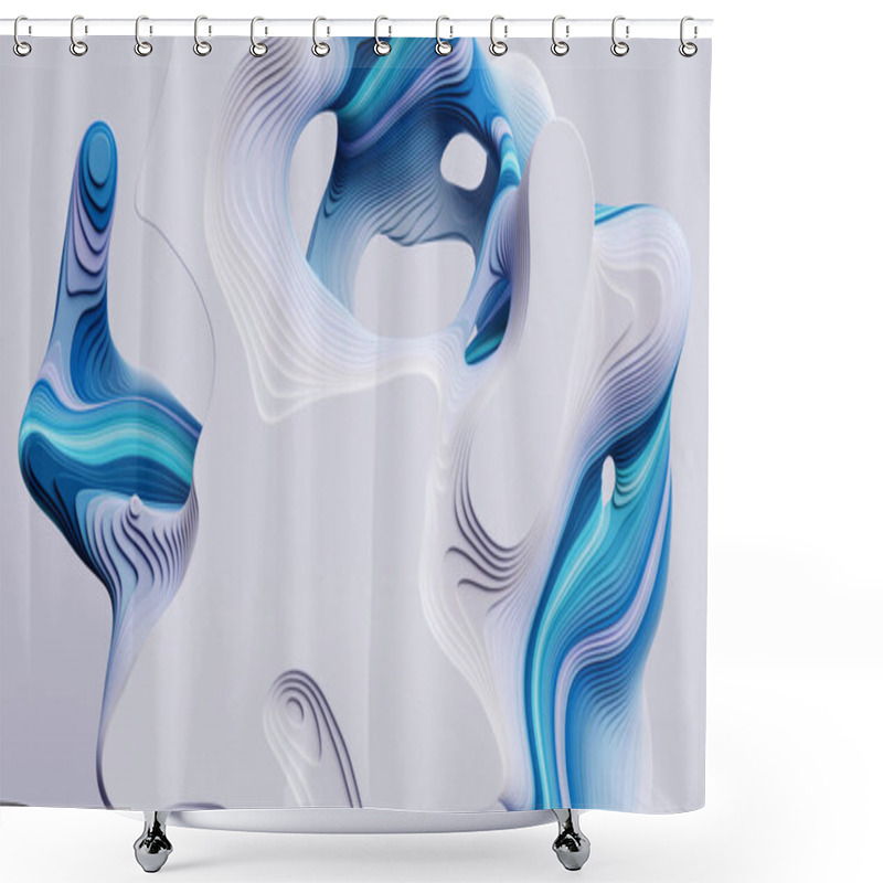 Personality  3d Render, Abstract Modern White Blue Background With Flat Curvy Shapes And Wavy Lines, Marbling Effect Shower Curtains