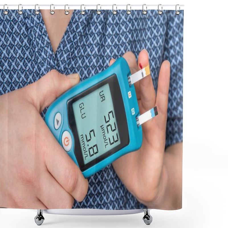 Personality  Woman Is Checking Uric Acid And Sugar Level From Blood With Glucose And Uric Acid Meter Shower Curtains