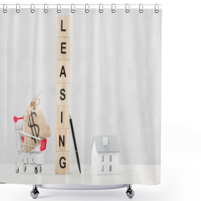 Personality  Wooden Cubes With Leasing Lettering Near Toy Shopping Cart With Dollar Bag, Carton House Model And Pen On White  Shower Curtains