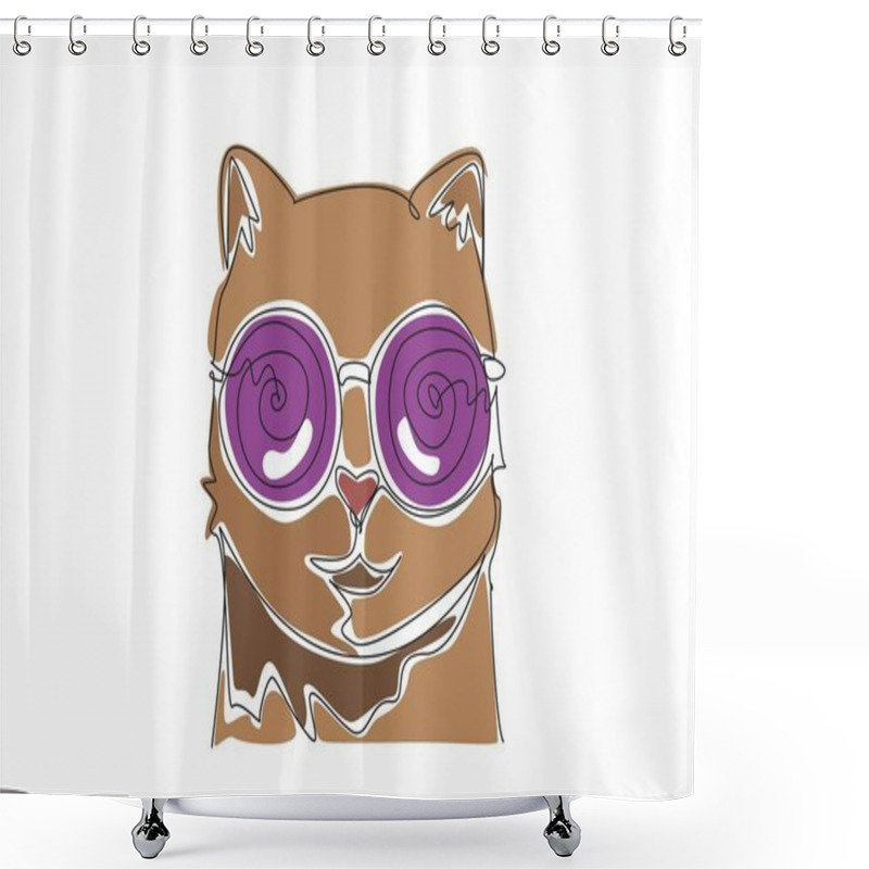 Personality  One Continuous Line Drawing Of Cute Cat Wearing Hypnotism Glasses. Adorable Feline Pet Trying To Hypnotizing People. World Hypnotism Day. World Annual Event, Celebrating. Single Line Draw Vector Art Shower Curtains