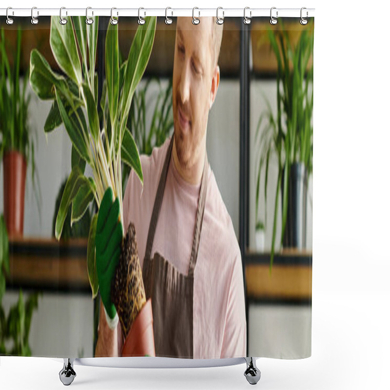 Personality  A Man Delicately Holds A Potted Plant In His Hands, Surrounded By Lush Greenery In A Plant Shop. Shower Curtains