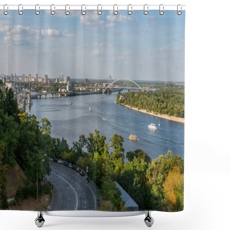 Personality  Kyiv (Kiev) / Ukraine - August 23, 2020: Amazing View On The Dnipro River In The Center, Near The Famous And Ancient Tourist And Business Region With Many Remarkable Sights Shower Curtains