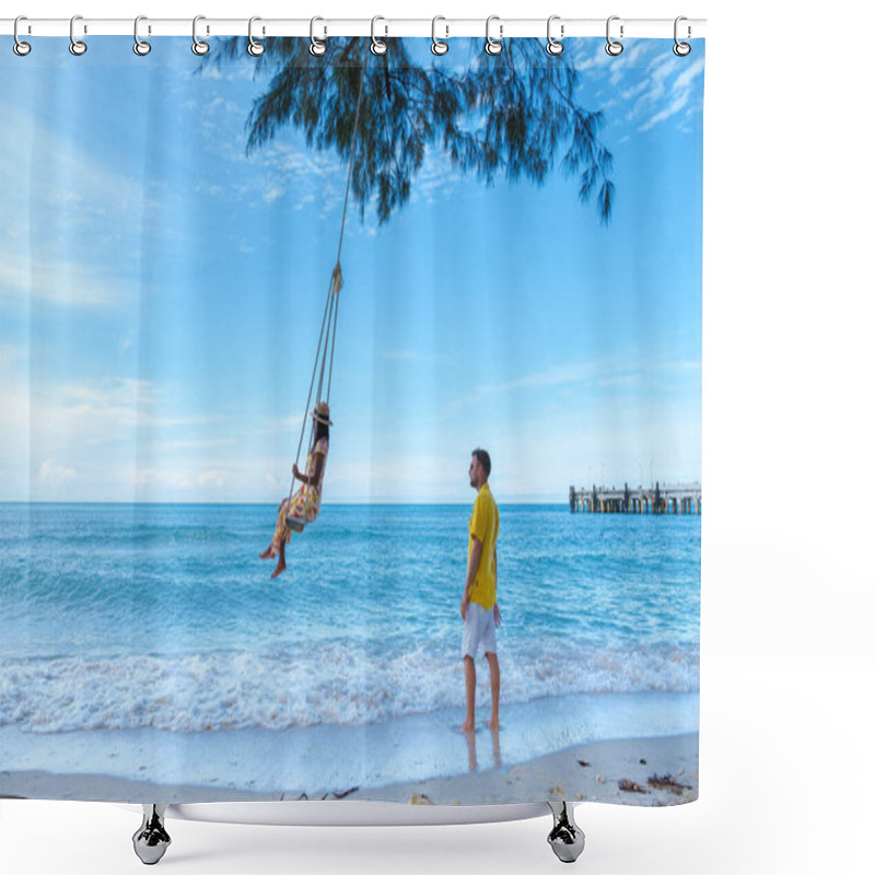 Personality  A Couple Of Asian Thai Women And European Men On A Beach With A Swing, Tropical Island Koh Kood Or Koh Kut Thailand.  Shower Curtains