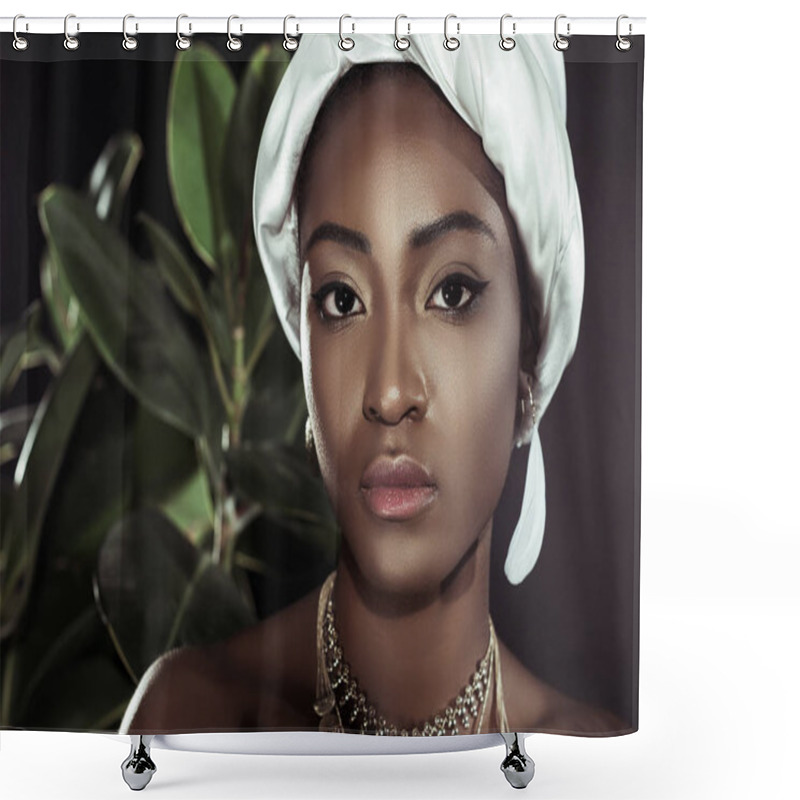 Personality  Close-up Portrait Of Young African American Woman In White Wire Head Wrap Behind Leaves Shower Curtains