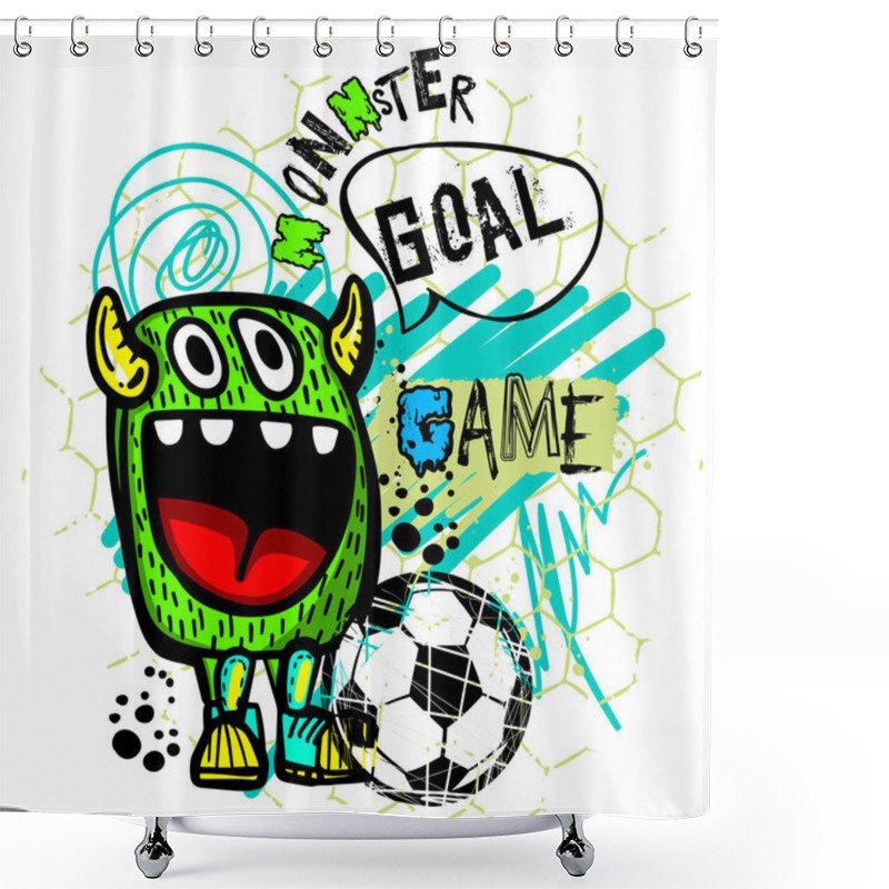 Personality  Cool Typography Monsters Print For Kids Graphic Tees . Background With Cartoon Monsters Play In Football On The Abstract Bright Background. Shower Curtains