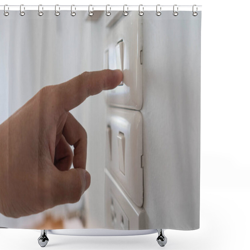 Personality  Save Electricity, Energy Saving And Environmental Protection. Man's Finger Press On The Button To Turn Off The Light. Economical Use Of Electricity Shower Curtains