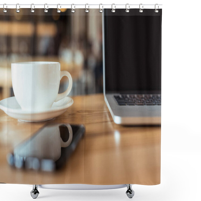 Personality  Cup Of Coffee And Laptop On Table In Cafe Shower Curtains