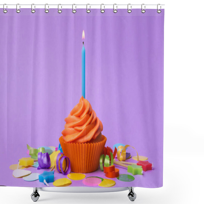 Personality  Delicious Birthday Cupcake With Orange Cream And Burning Candle On Violet Background Shower Curtains