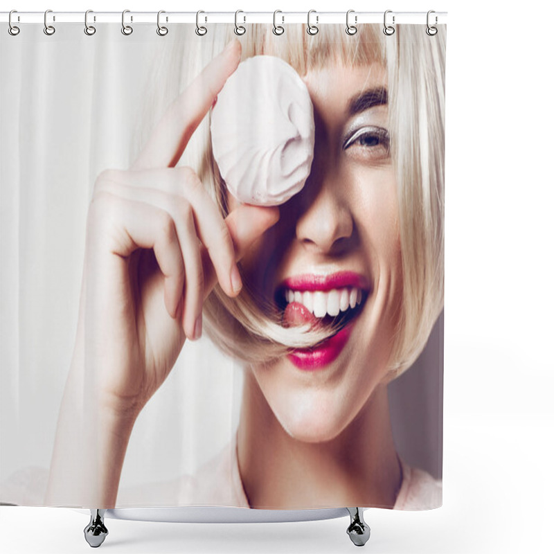 Personality  Happy Girl With Marshmallow In Hand Shower Curtains