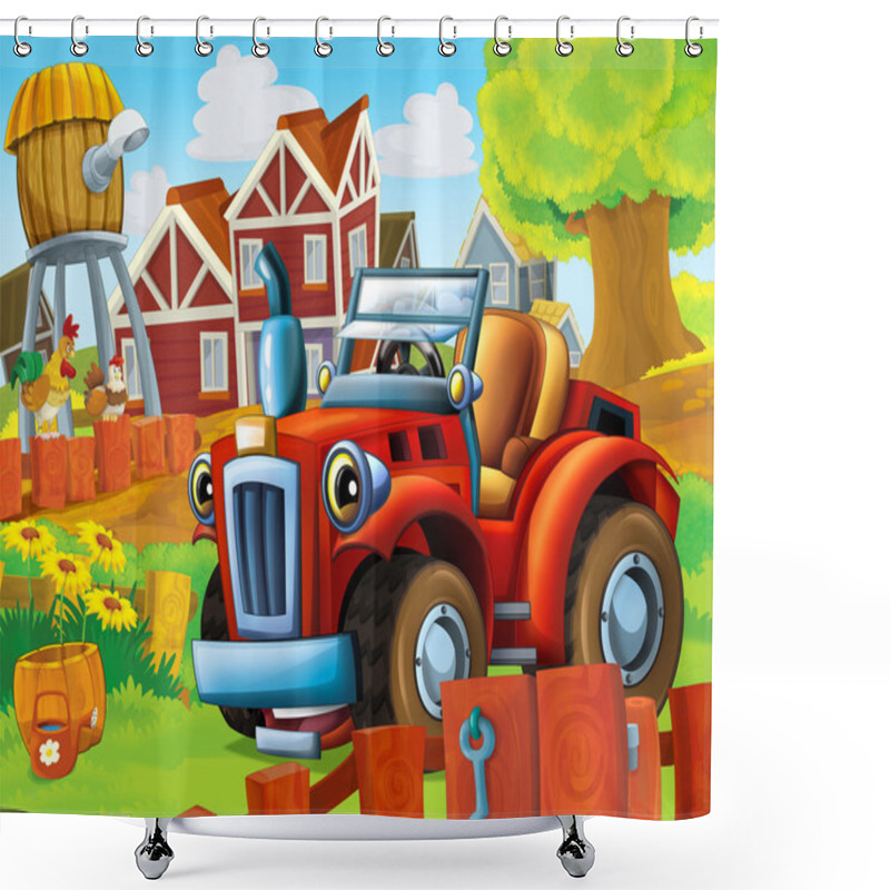 Personality  The Farm Illustration With Tractor Shower Curtains