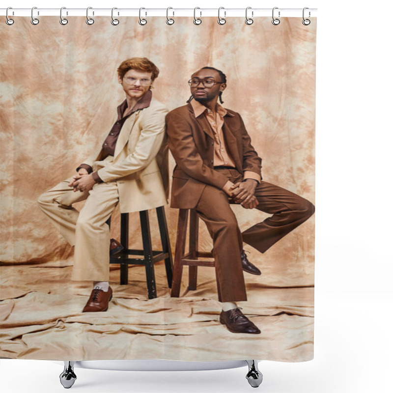 Personality  Multicultural Men In Elegant Attire Sitting On Wooden Stool. Shower Curtains