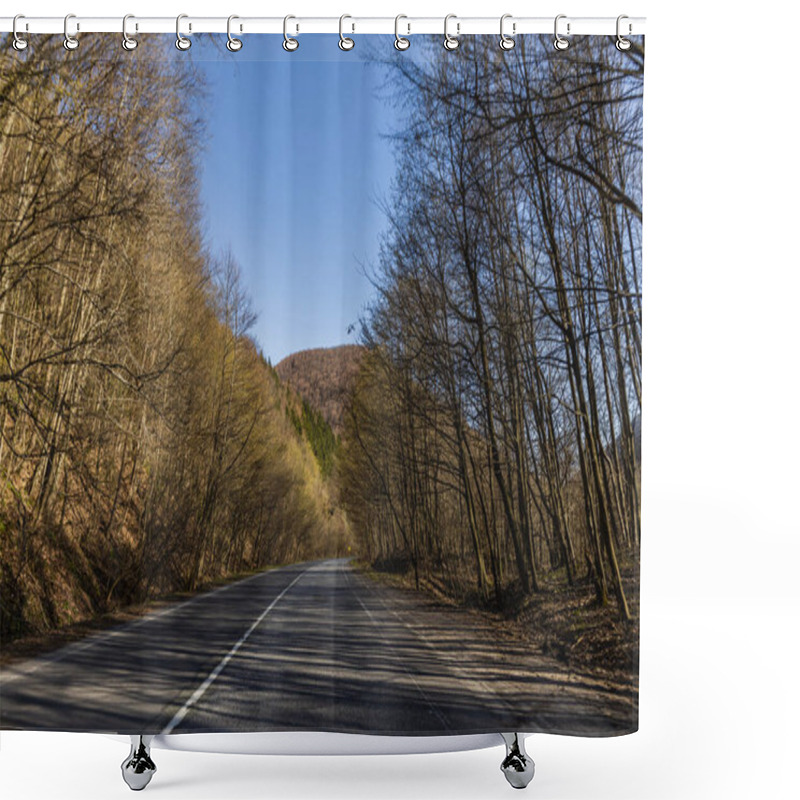 Personality  Empty Road Between Mountain Forest In Spring  Shower Curtains