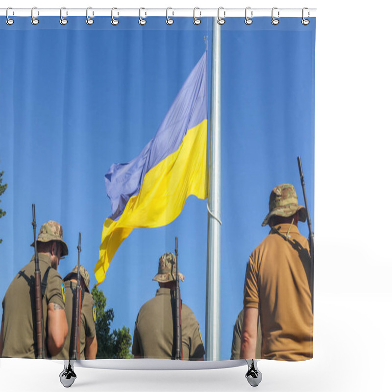 Personality  Flag Of Ukraine On A Background Of Blue Sky Shower Curtains