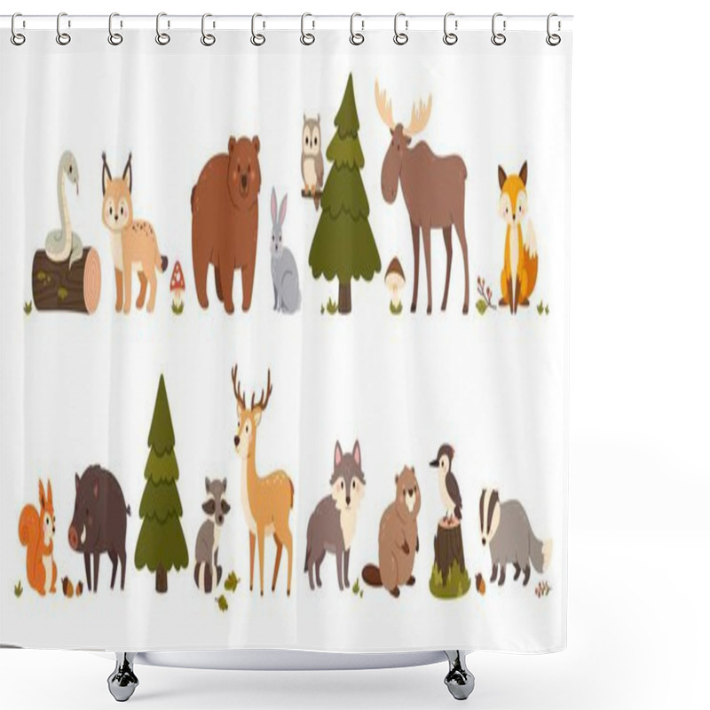 Personality  Cute Woodland Animals. Forest Beasts Bear, Hare And Fox, Elk And Squirrel, Wild Boar And Deer, Wolf And Snake, Badger And Raccoon, Beaver. Vector Set. Fir Tree, Acorns And Childish Fauna Shower Curtains