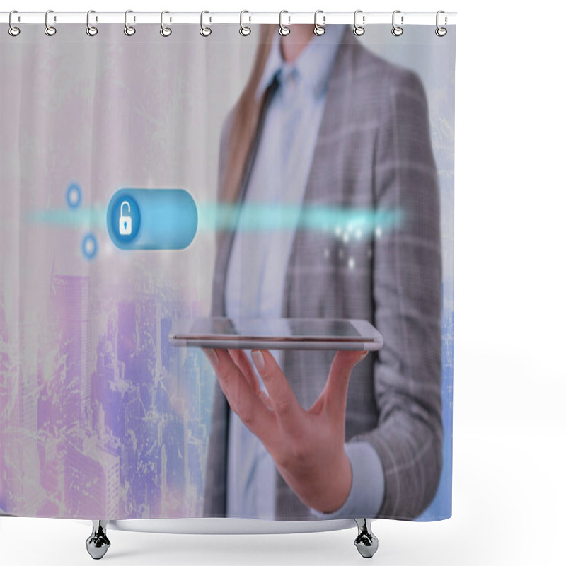 Personality  Graphics Of Latest Digital Technology Protection Data Padlock Security On The Virtual Display. Businessman With Lock To Secure. Shower Curtains