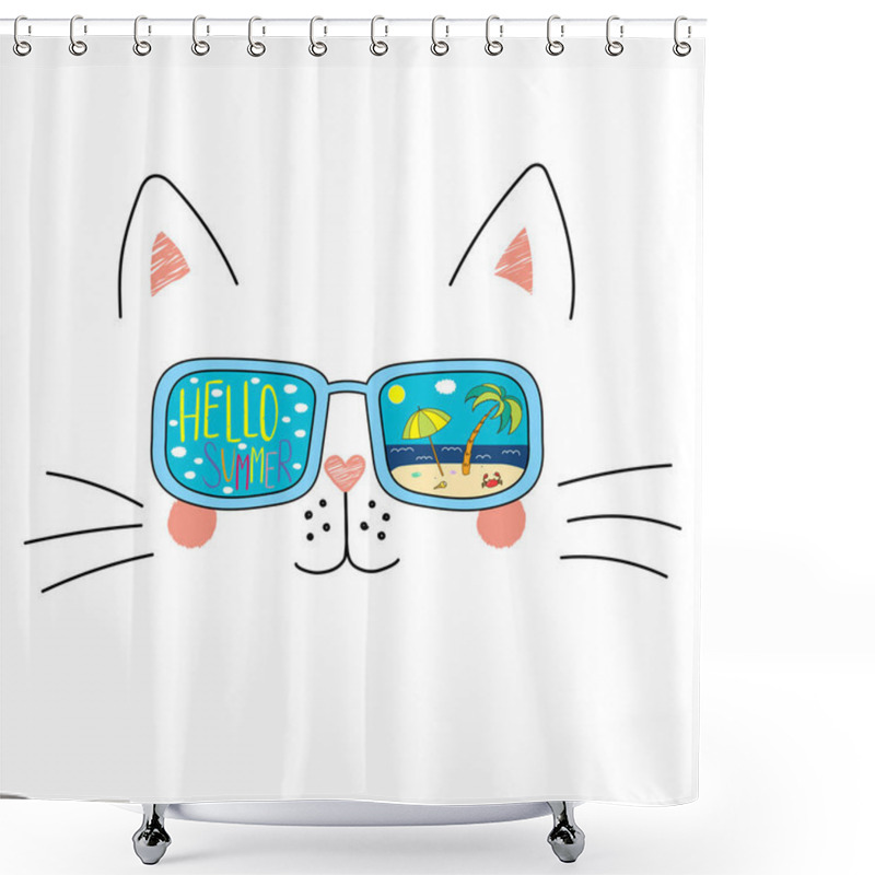 Personality  Hand Drawn Cute Cartoon Funny Cat In Sunglasses With Beach Scene Reflection And Text Hello Summer, Vector, Illustration Shower Curtains